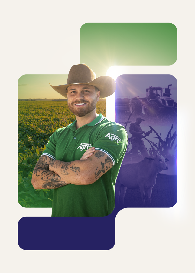 Gustavo Tubarão, aluno e embaixador da Universidade do Agro Uniube, no campo sob o sol da lavoura